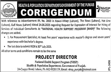 Health & Population Department Lahore Tender Notice